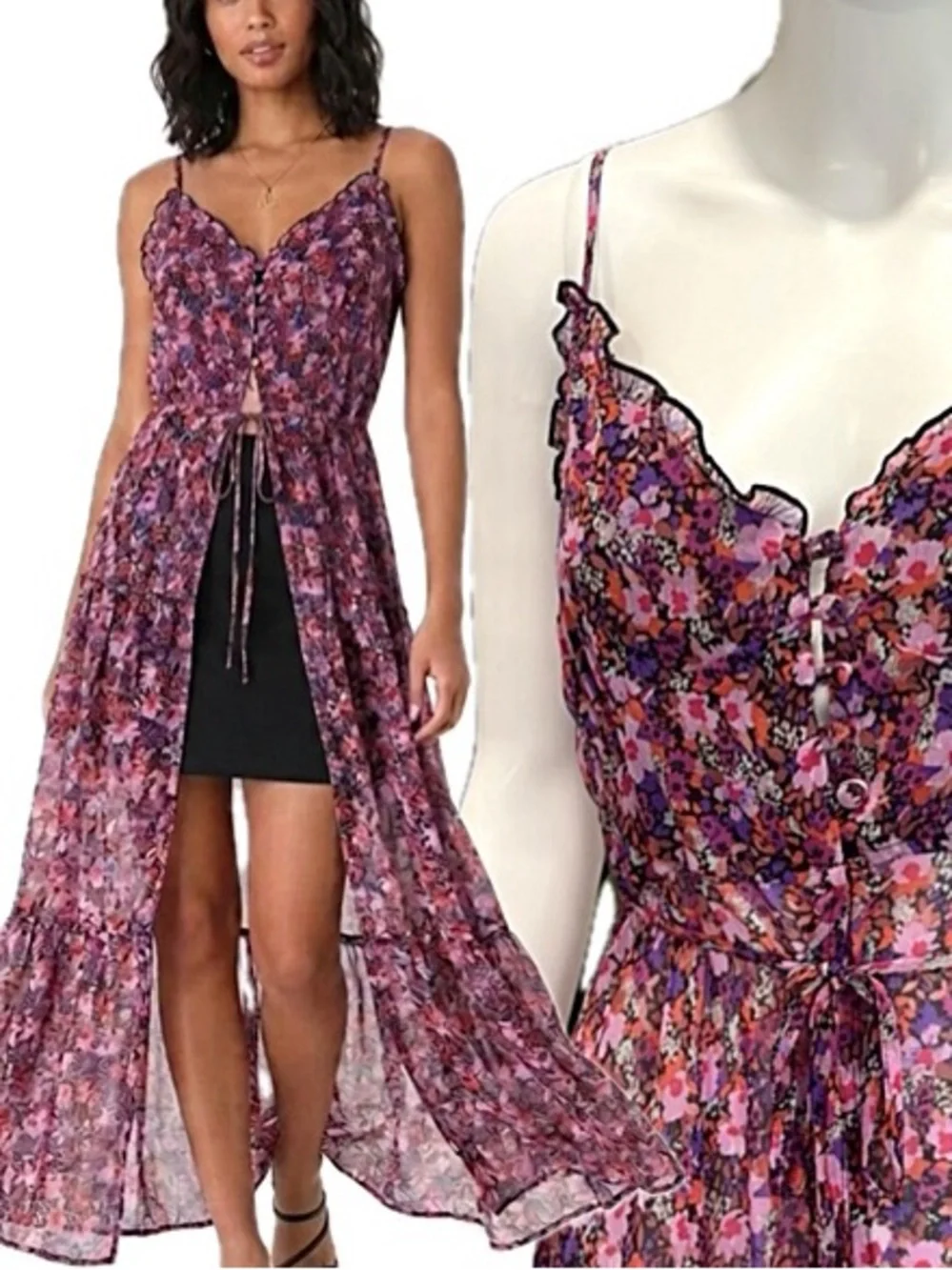Lulus Sheer Floral Slipdress Size Small Button Front Tiered Ruffle Maxi Dress - Picture 1 of 15